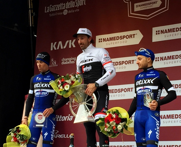 podio strade bianche 2016 con Cancellara, Stybar e Brambilla